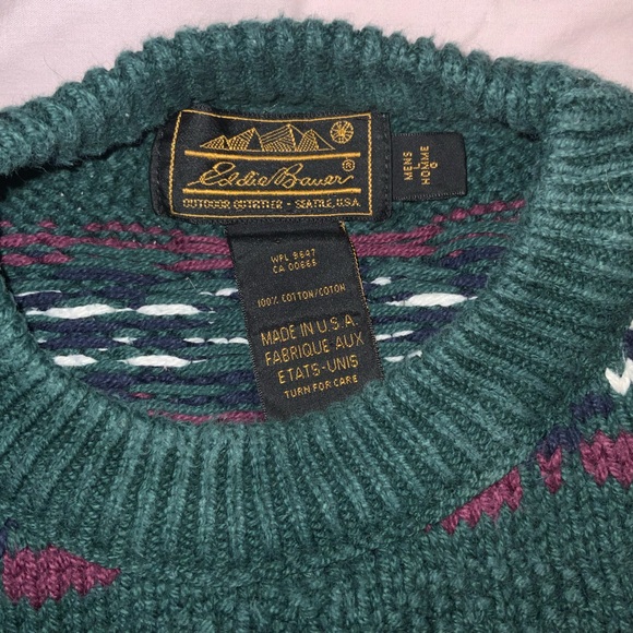vintage 90s eddie bauer cotton knit pullover sweater fair isle green navy red L - Picture 3 of 6